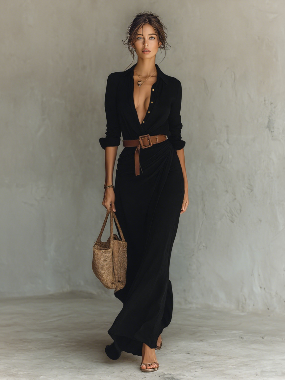 Vestido largo elegante con cinturón