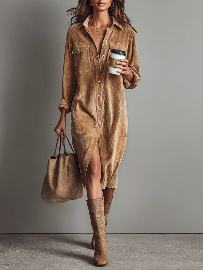 Giulia™ | Vestido Midi Elegante de Terciopelo a Rayas con Bolsillos