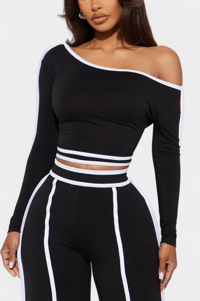 Conjunto Krystelle con hombros descubiertos y pantalones rectos