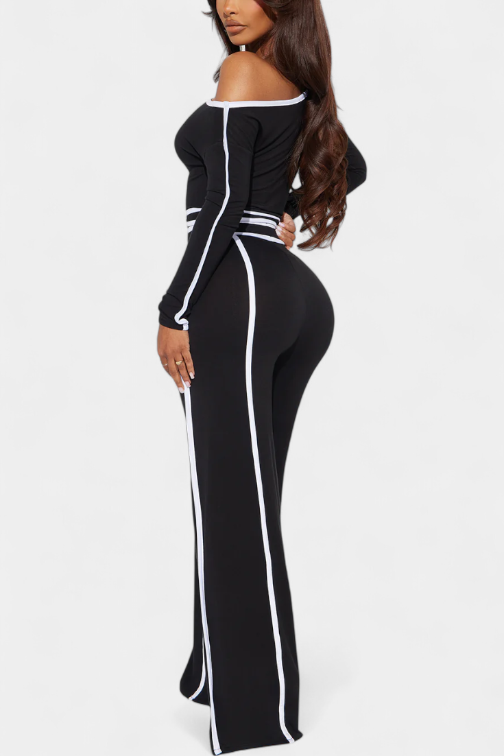 Conjunto Krystelle con hombros descubiertos y pantalones rectos