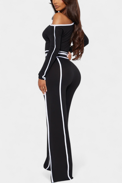 Conjunto Krystelle con hombros descubiertos y pantalones rectos