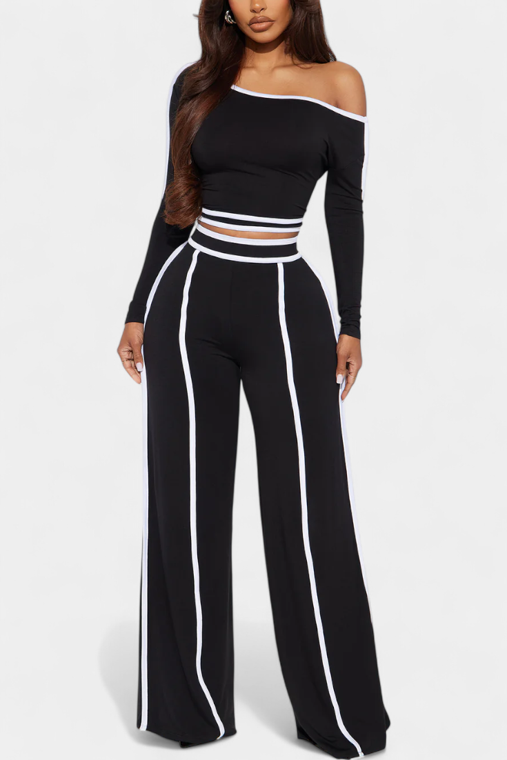 Conjunto Krystelle con hombros descubiertos y pantalones rectos